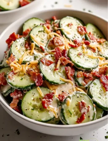 creamy cucumber salad with bacon and cheddar cheese.