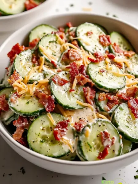 creamy cucumber salad with bacon and cheddar cheese.