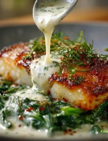 Pan-Seared Cod With Garlic Cream Sauce Over Sautéed Spinach.