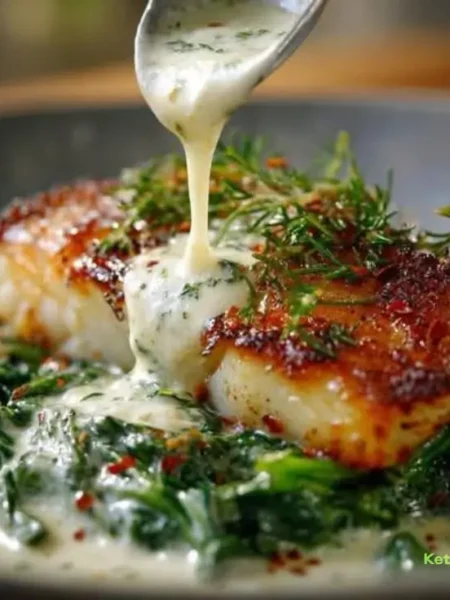 Pan-Seared Cod With Garlic Cream Sauce Over Sautéed Spinach.