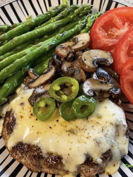 Low-Carb Burger Patty Topped with Melted Cheese, Sautéed Mushrooms, and Jalapeño Slices