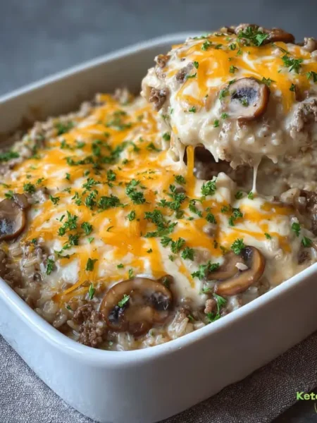 Creamy Beef Mushroom Rice Bake