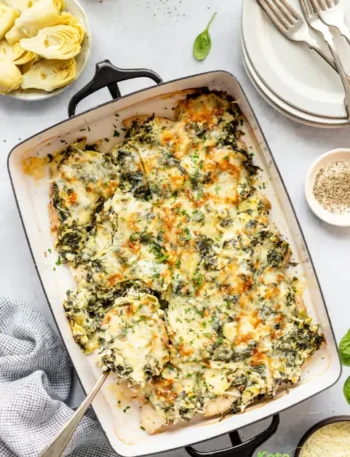Creamy Spinach Artichoke Chicken Bake (with Greek Yogurt)