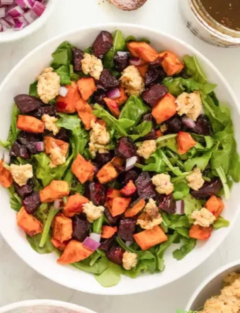 Roasted Beet and Sweet Potato Salad with Lemon Smashed Chickpeas