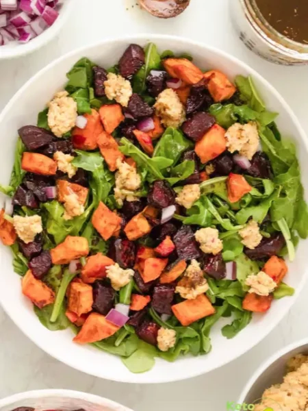 Roasted Beet and Sweet Potato Salad with Lemon Smashed Chickpeas