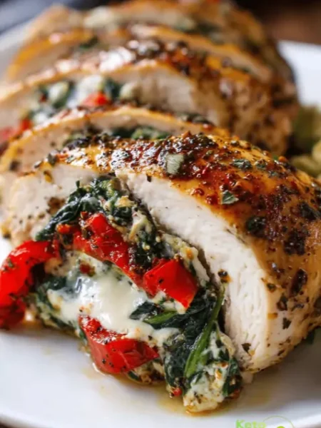 Roasted Red Pepper Spinach Mozzarella Stuffed Chicken