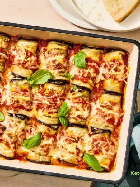 Preheat oven to 400°F (200°C) and line two sheet pans with parchment paper. Arrange eggplant slices across pans, brush with oil, and season with salt and pepper. Roast slices for twelve minutes until soft and pliable, then cool slightly. Reduce oven temperature to 375°F (190°C) for final casserole baking. Mix ricotta, cottage cheese, parmesan, egg, and herbs together inside a bowl until smooth. Spread half cup marinara sauce across the bottom of a 9x13-inch baking dish. Place two tablespoons filling on each eggplant slice and roll up firmly. Set rolls seam-side down in dish, top with remaining marinara, and sprinkle with mozzarella. Bake twenty-five minutes until cheese melts thoroughly and bubbles along edges.