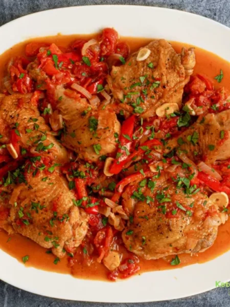 Chicken Cacciatore With Red Peppers, Tomato, and Onion