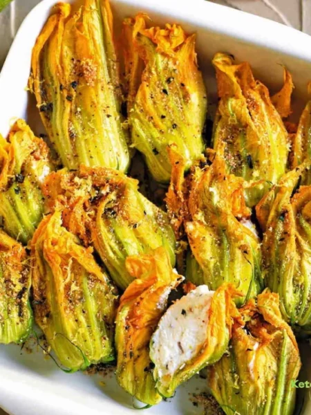 Stuffed Zucchini Flowers with Ricotta, Marjoram, and Lemon Au Gratin